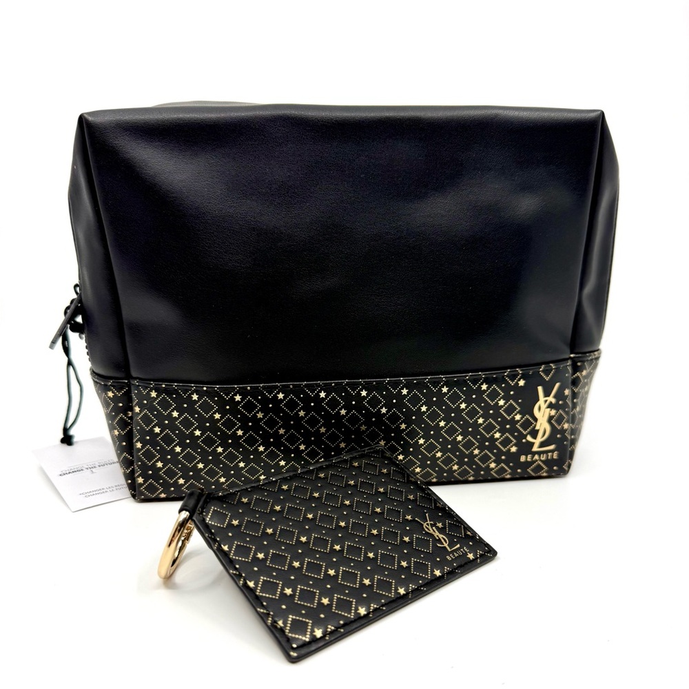 Yves Saint Laurent Black & Gold Patterned Cosmetic Pouch with Card Holder